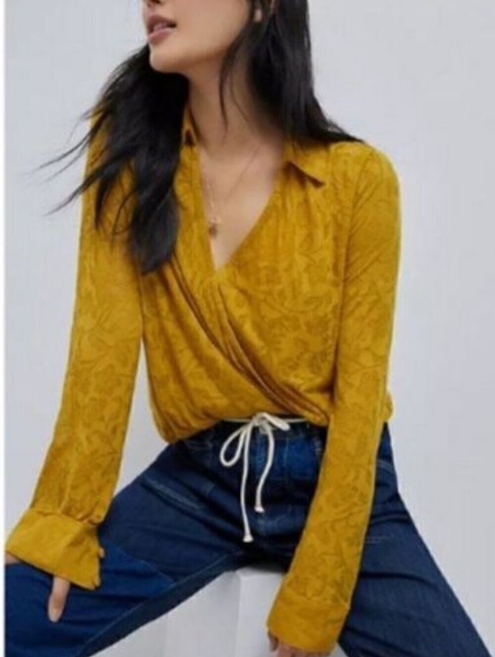 Anthropologie-Lydia Floral -Mustard Yellow Wrap-Style Long Sleeve Top. Size S